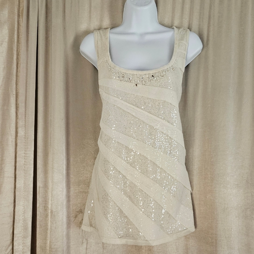 WHBM champagne ivory ruffled sequined tank top blouse Womens XLarge - Picture 5 of 9